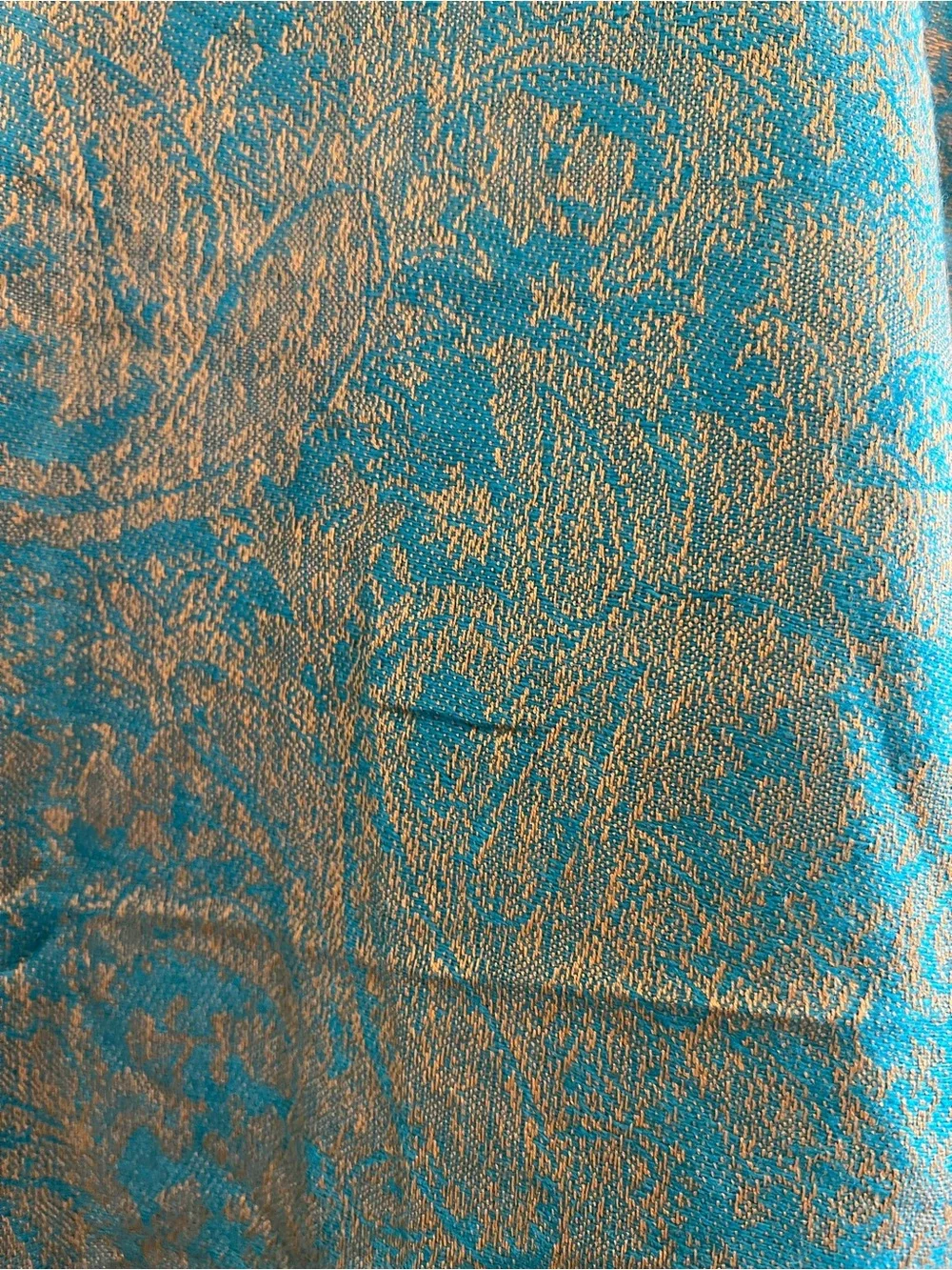 pashmina Teal and Gold Paisley Draped Shawl with Fringe